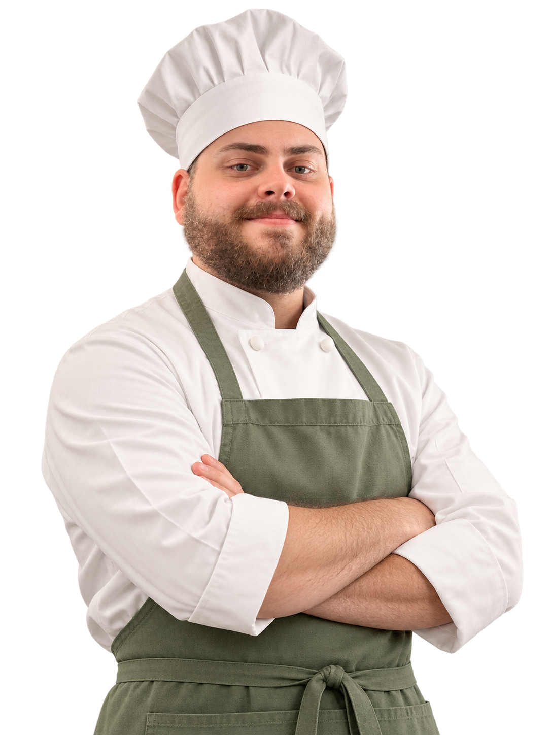 Steve wearing a chef jacket and sage green apron
